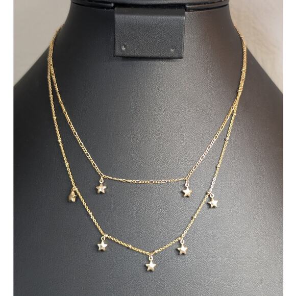 Dainty Dangling Stars Double Strand Gold Tone Chain Necklace - Picture 1 of 4